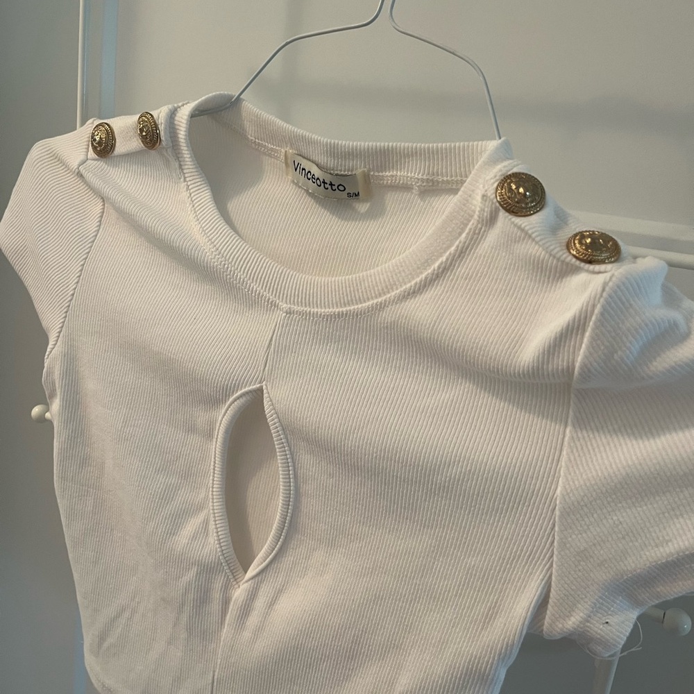 White Button-Detail Keyhole Women's Crop Top S